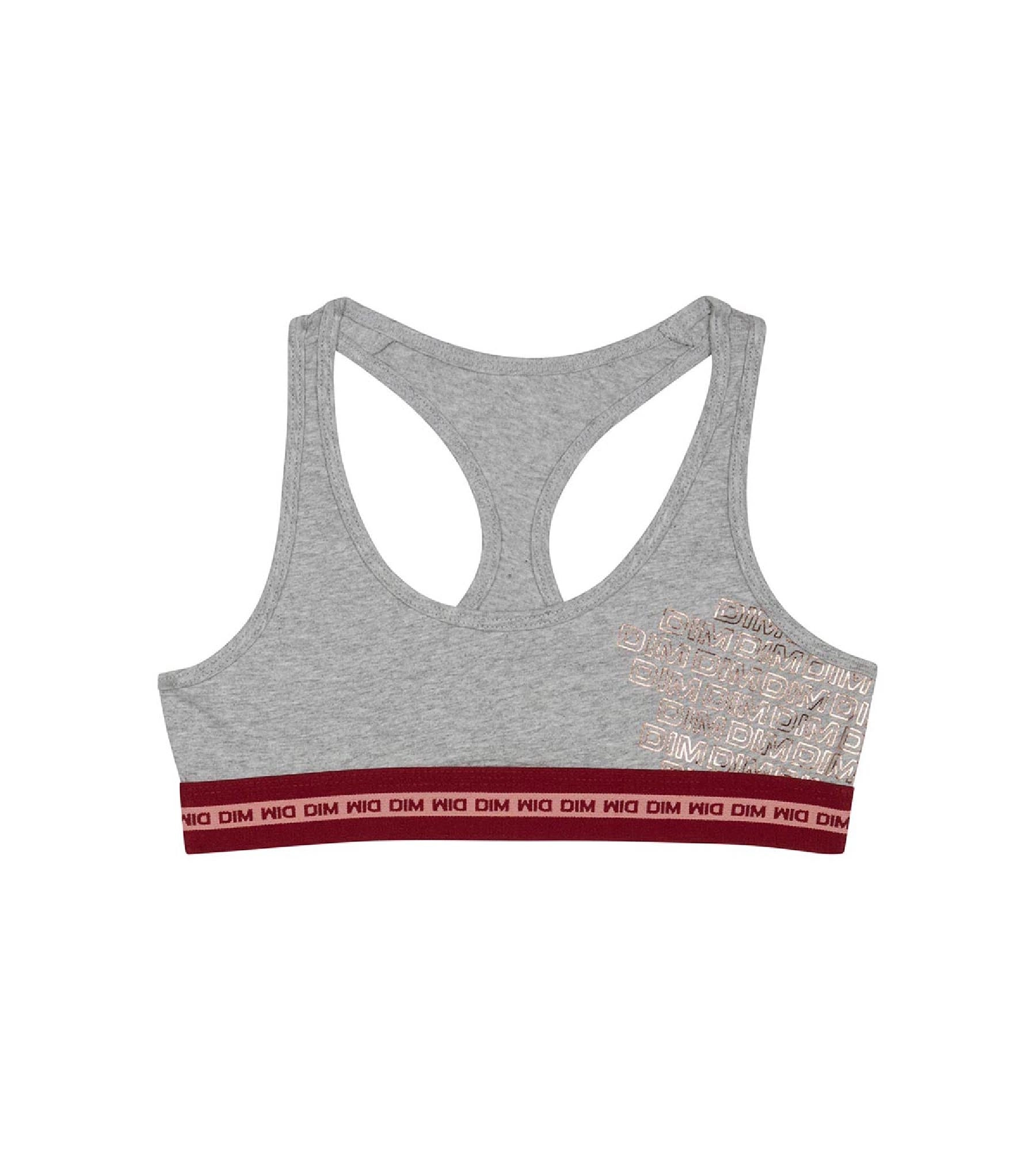 Brassière fille en coton stretch logo métallisé Gris Chiné Dim Sport