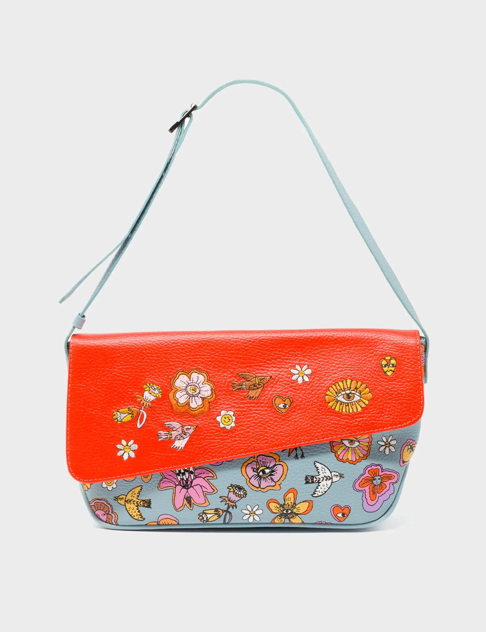 Bruno Medium Sterling Blue Leather Shoulder Bag - Vintage Bloom Design