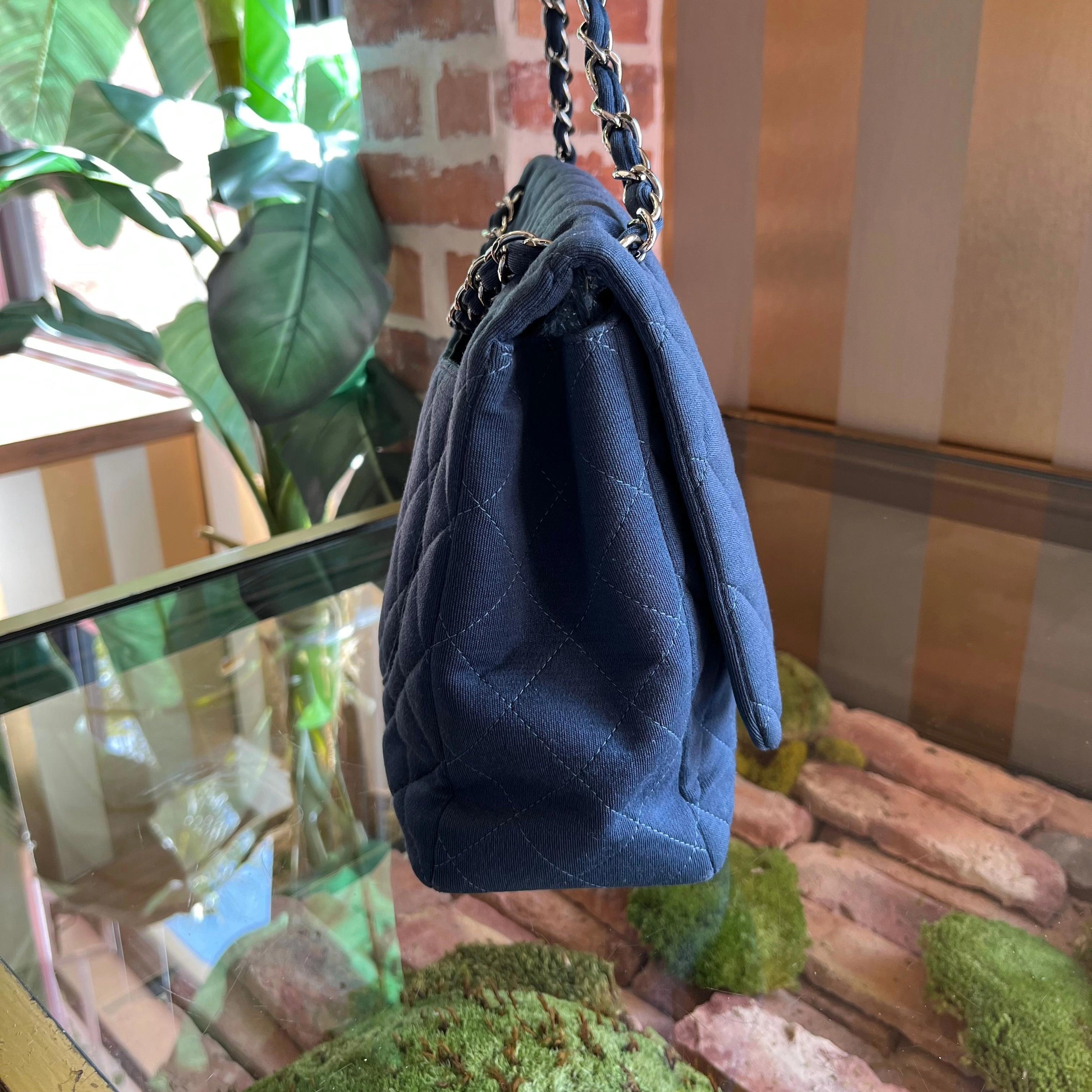 CHANEL Single Flap Jumbo Blue Jersey Shoulder Bag TS3774