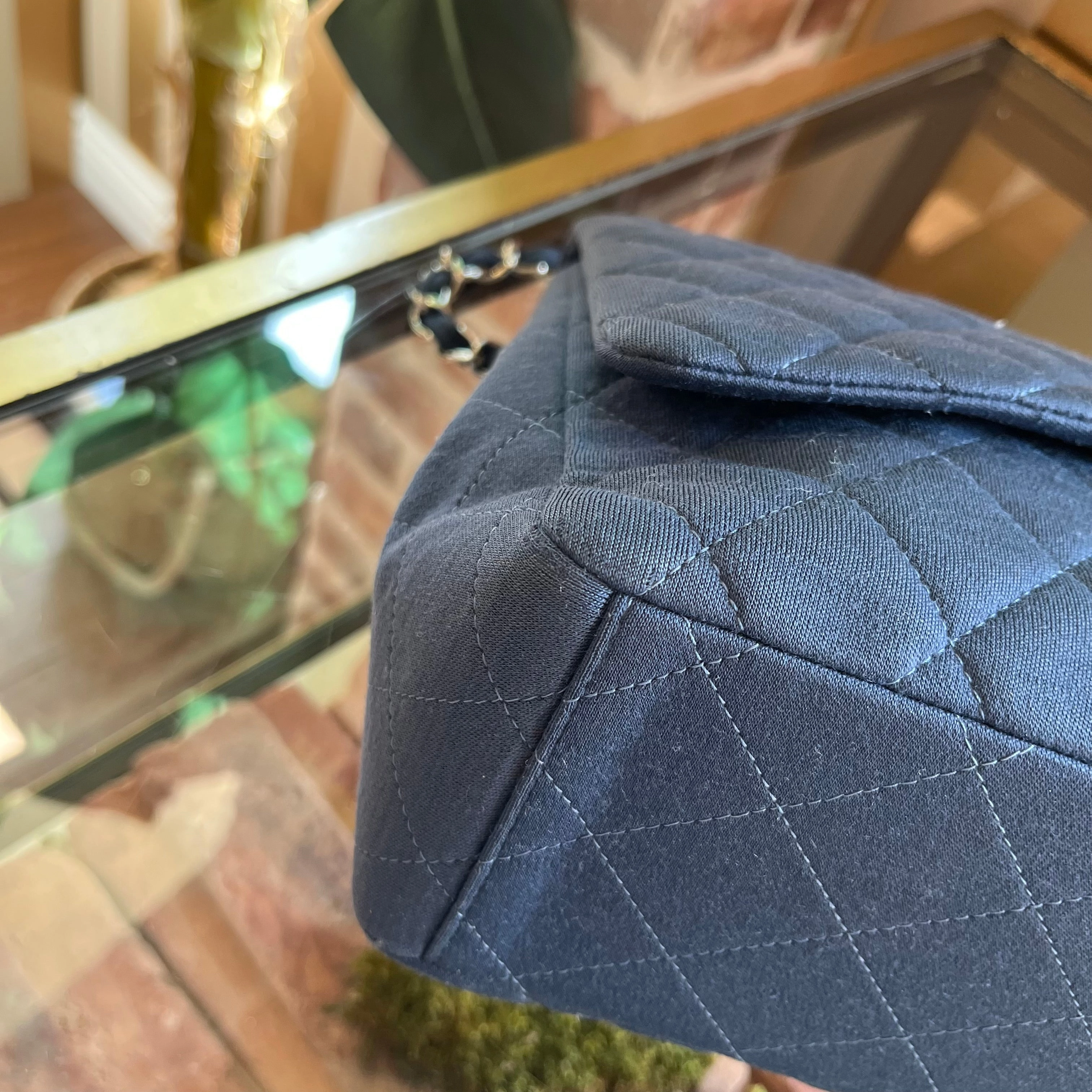 CHANEL Single Flap Jumbo Blue Jersey Shoulder Bag TS3774