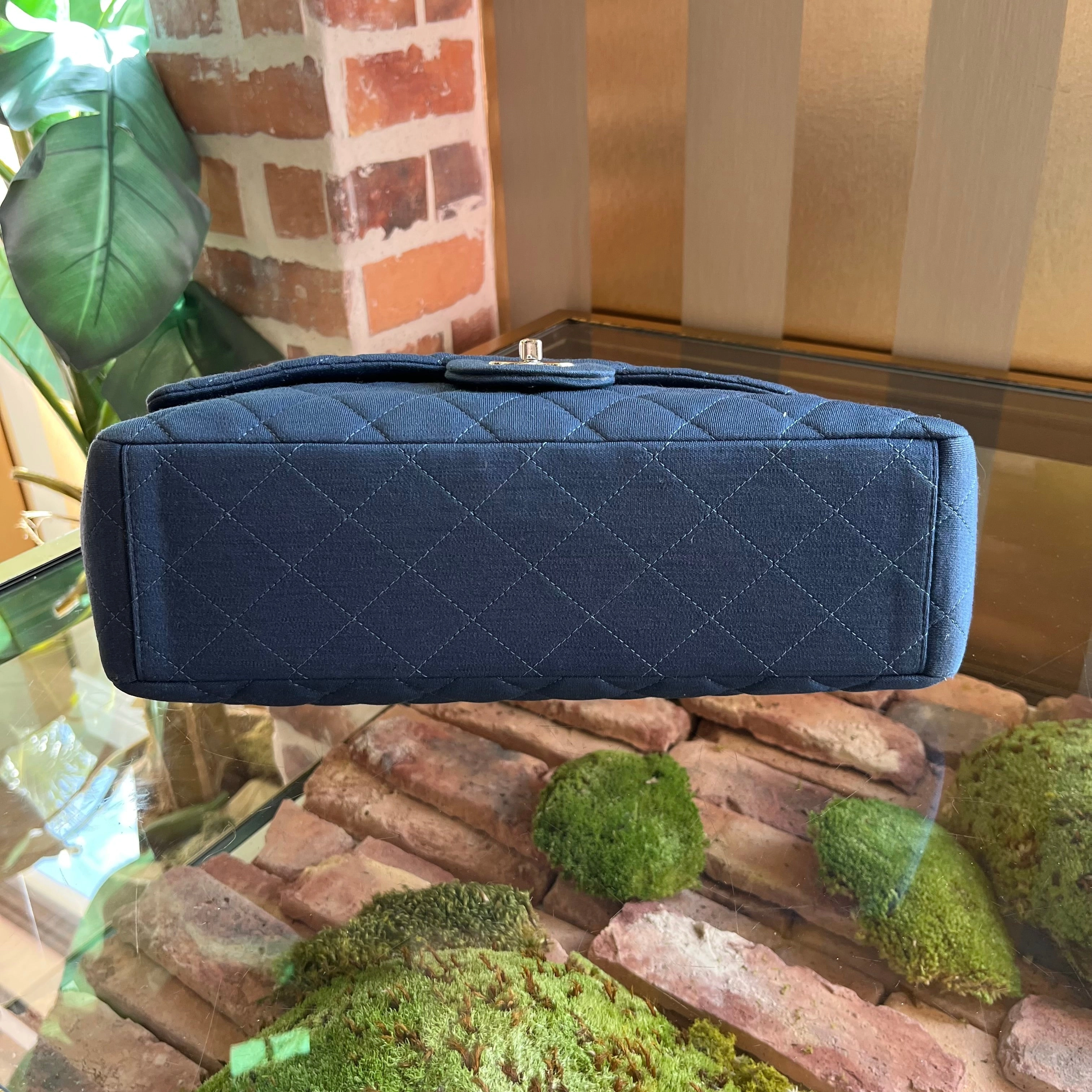 CHANEL Single Flap Jumbo Blue Jersey Shoulder Bag TS3774