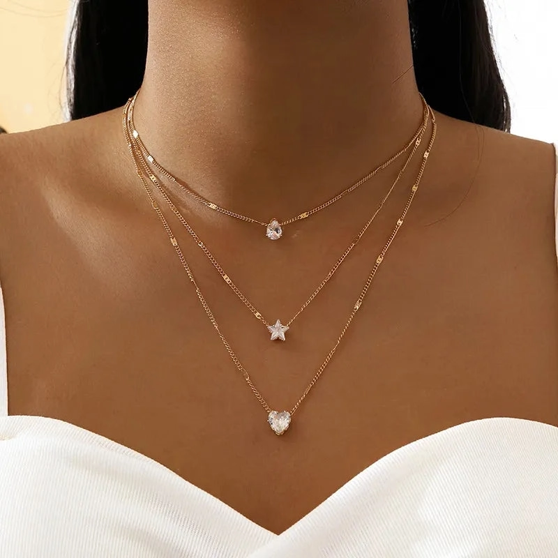 Crystal Zircon Heart Star Charm Pendant Necklace