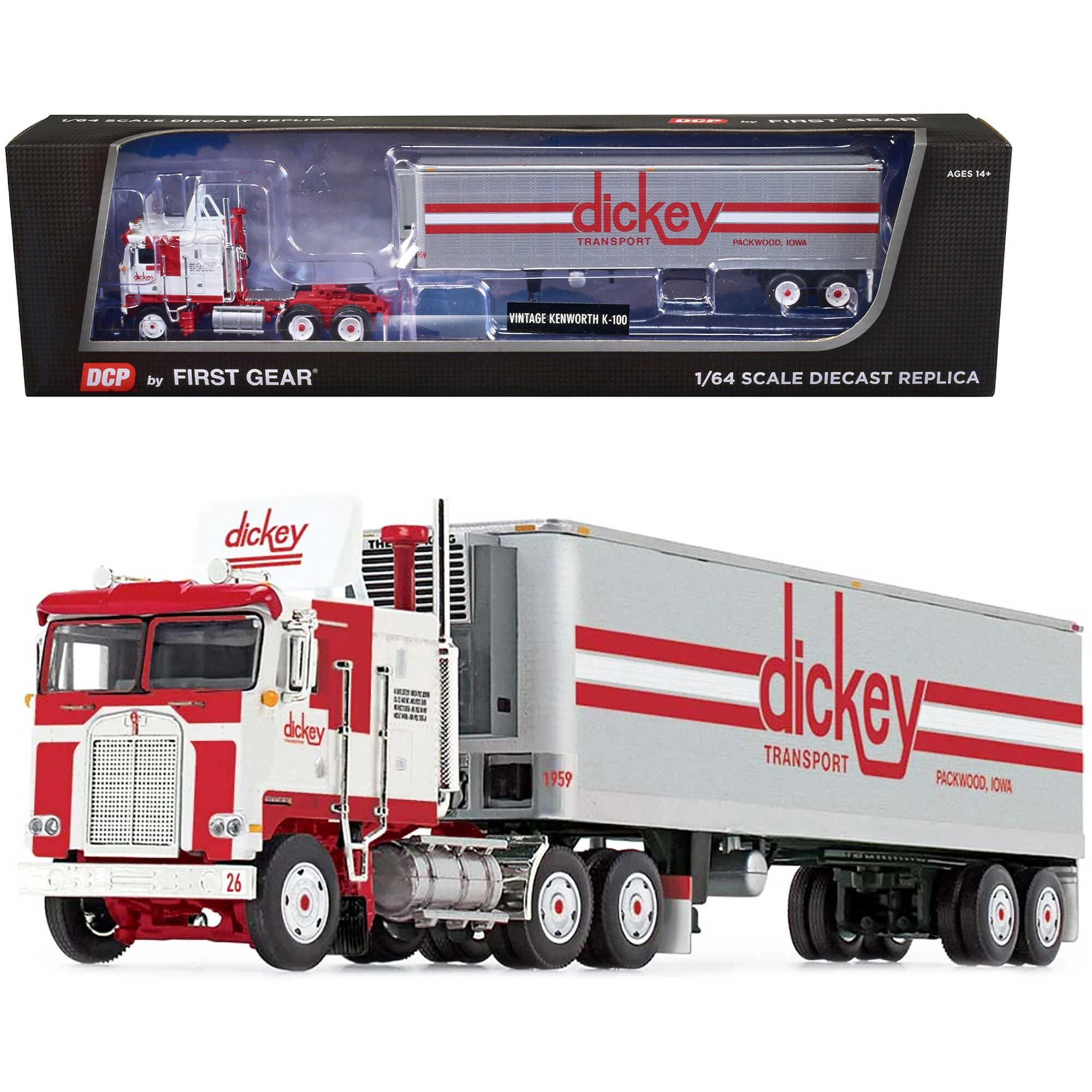 DCP/First Gear 1/64 Model - Kenworth K100 COE with Refrigerated Trailer White/Red