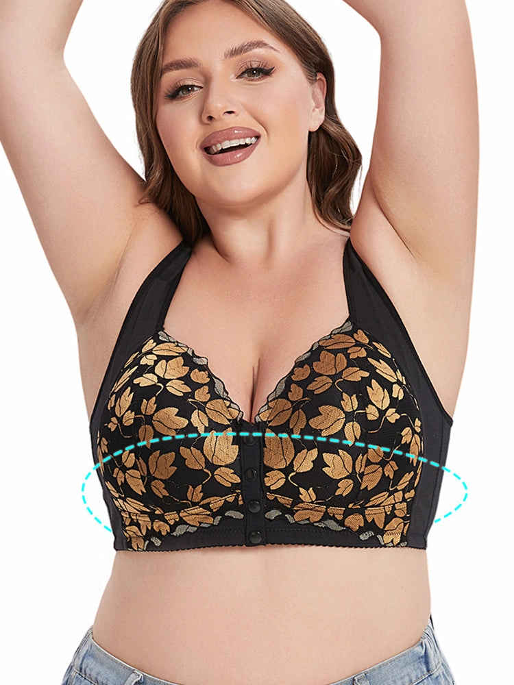 Front Closure Floral Lace Wireless Bra