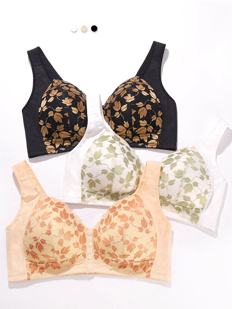 Front Closure Floral Lace Wireless Bra