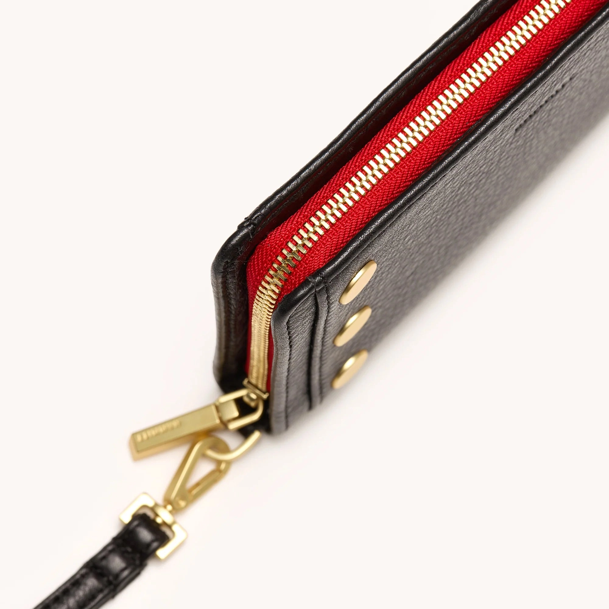 Hammitt Bryant Wallet Leather Wristlet Black/Brushed Gold Red Zip