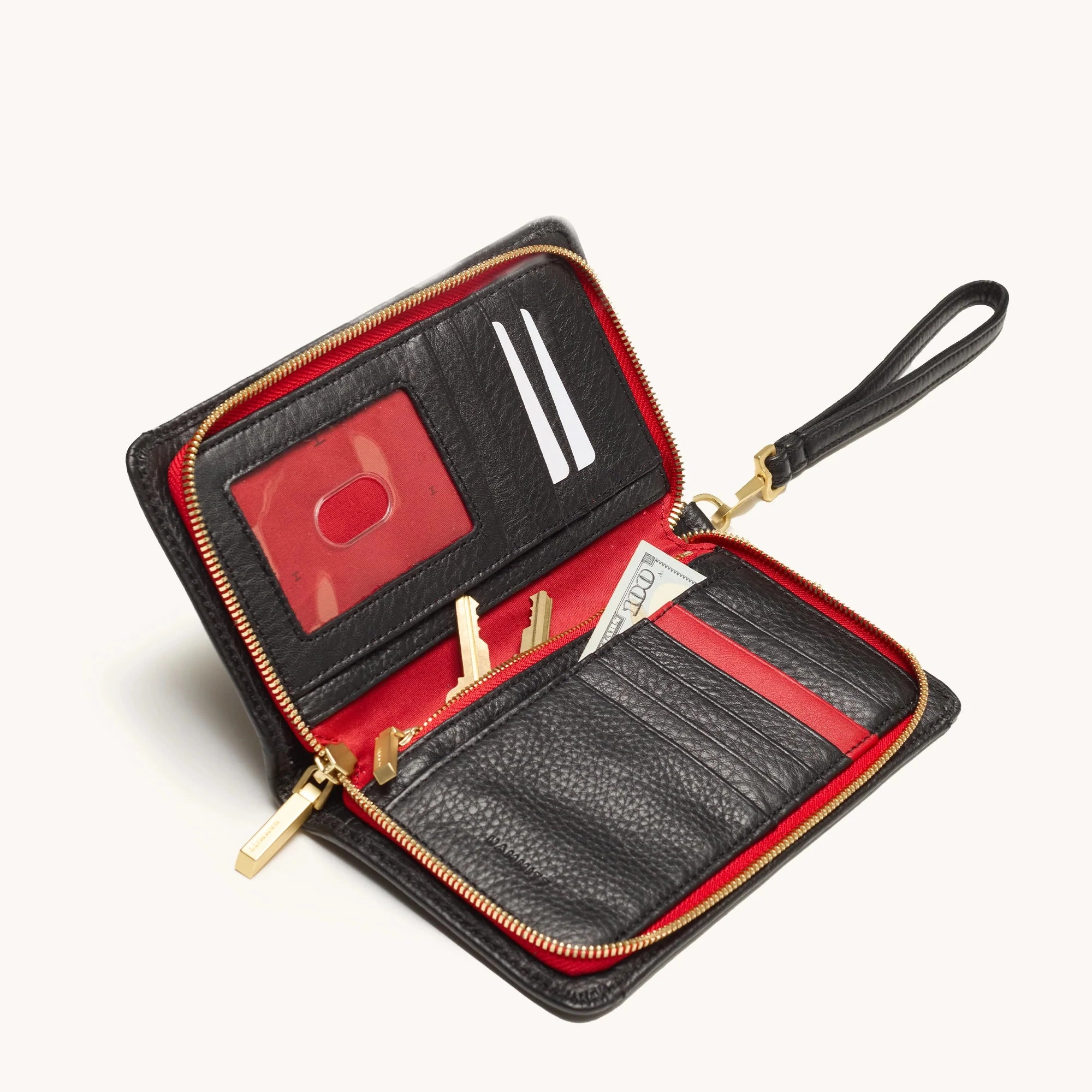 Hammitt Bryant Wallet Leather Wristlet Black/Brushed Gold Red Zip