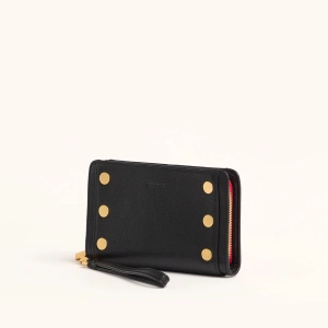 Hammitt Bryant Wallet Leather Wristlet Black/Brushed Gold Red Zip
