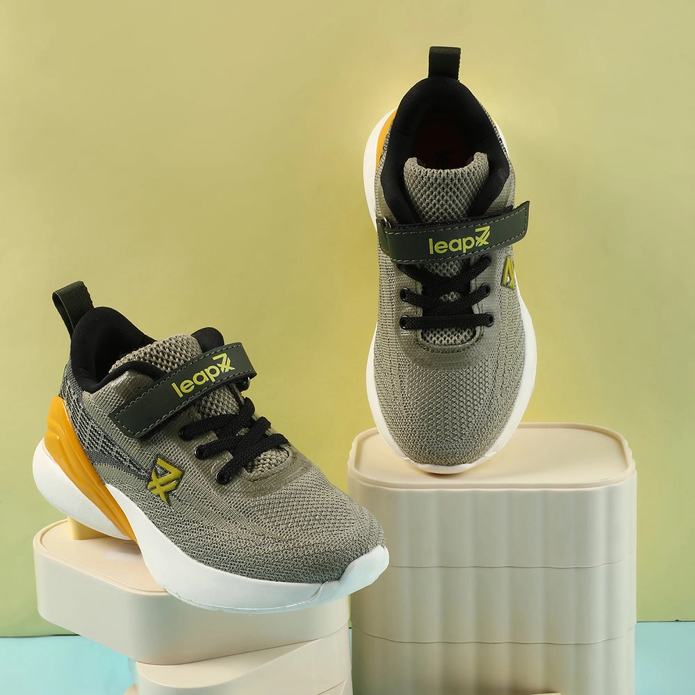 Leap7x Olive Green Sports Lacing Running Shoes For Kids COVER-02 By Liberty