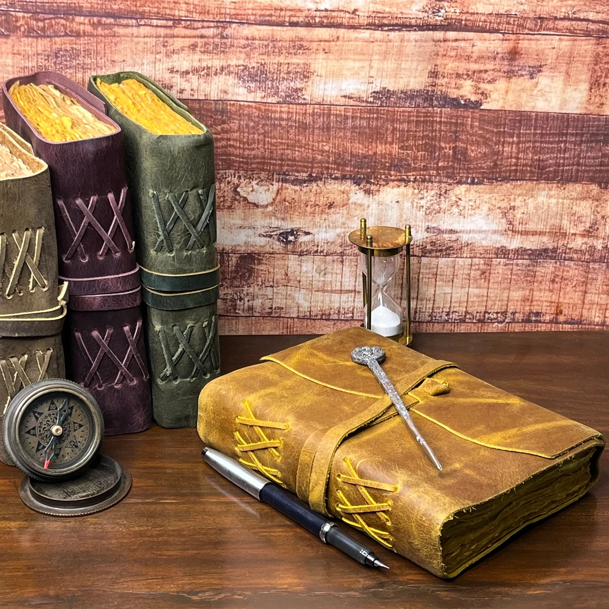 Leather Bound Journal - A5 Handmade Antique Deckle Edge Paper, Rustic Yellow