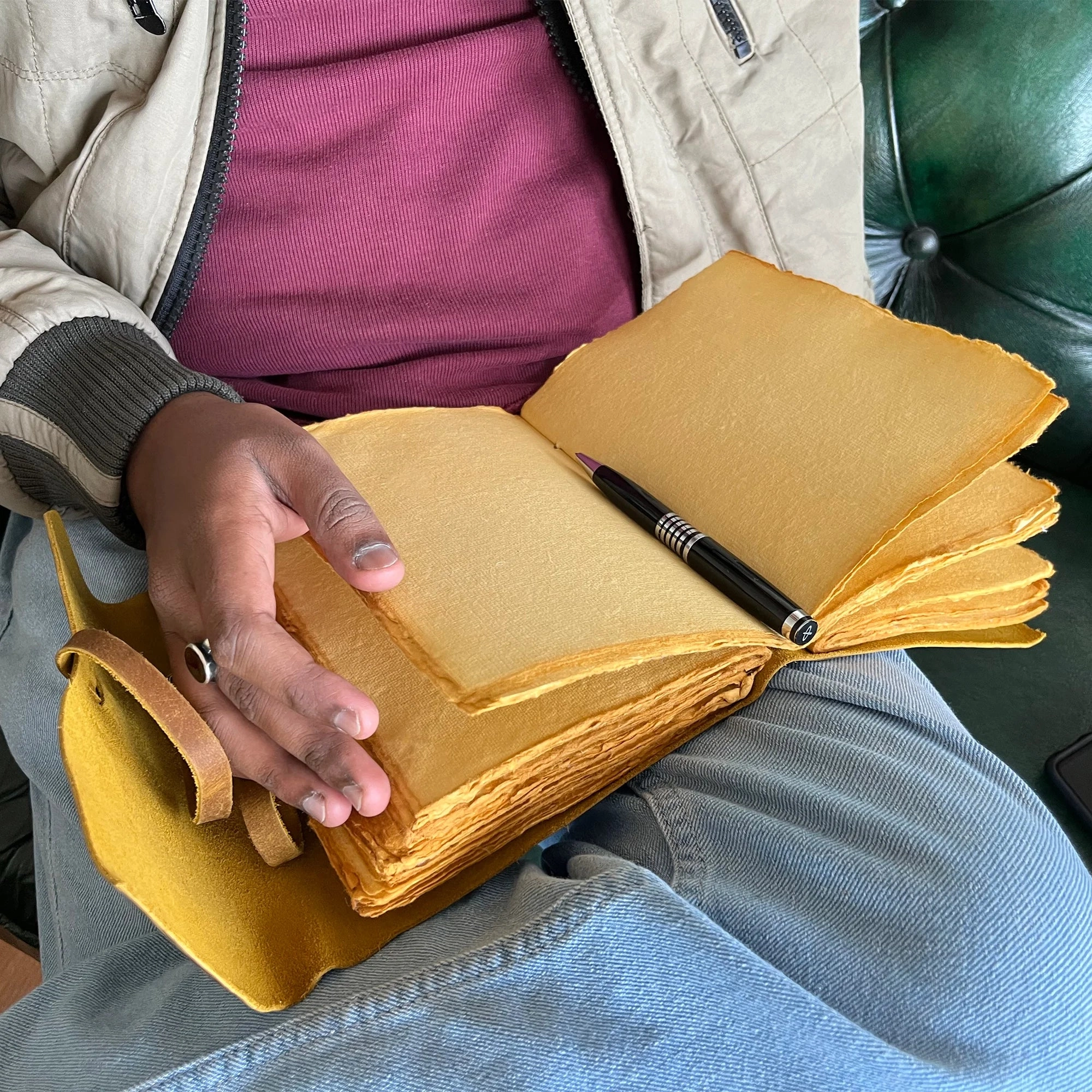 Leather Bound Journal - A5 Handmade Antique Deckle Edge Paper, Rustic Yellow