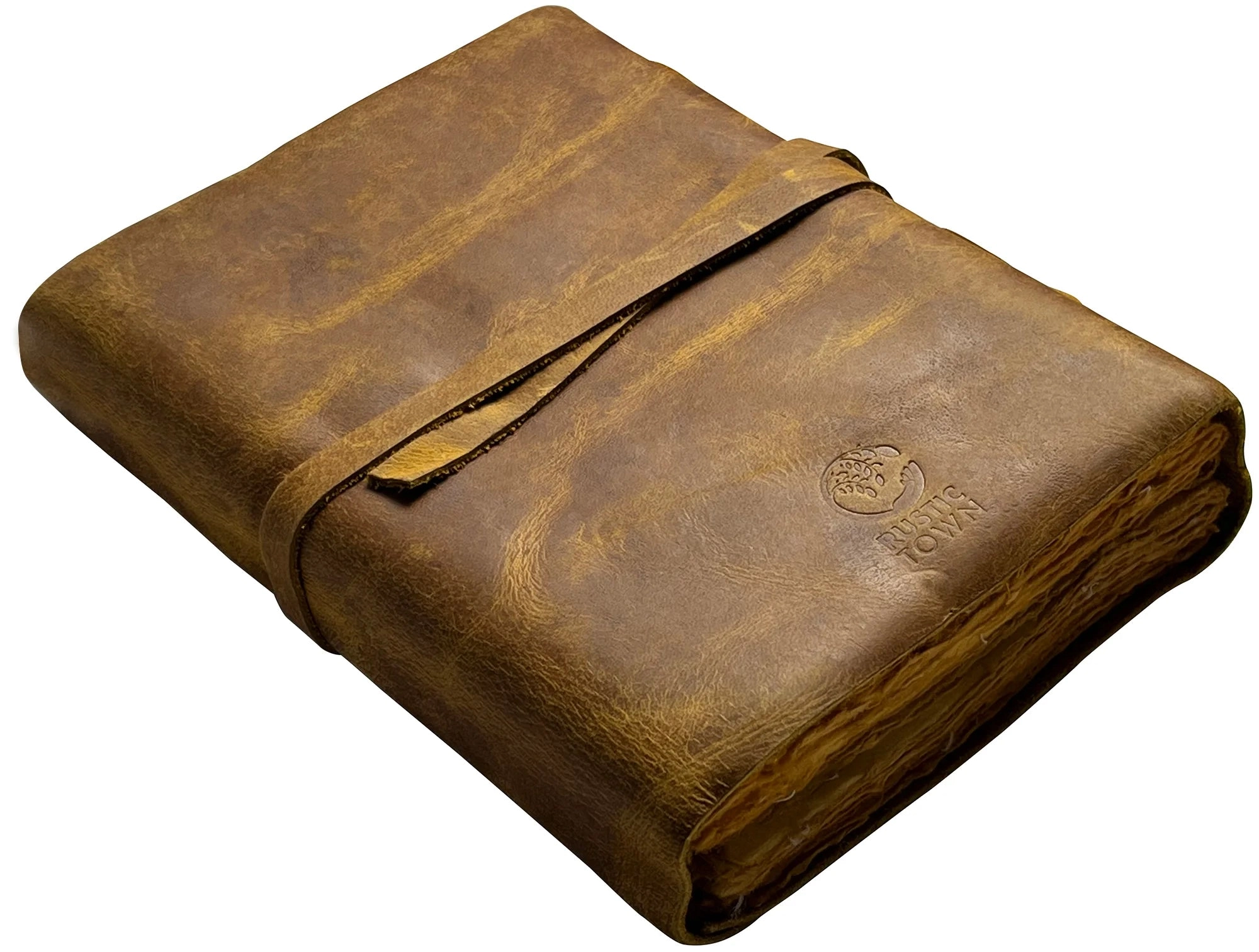 Leather Bound Journal - A5 Handmade Antique Deckle Edge Paper, Rustic Yellow