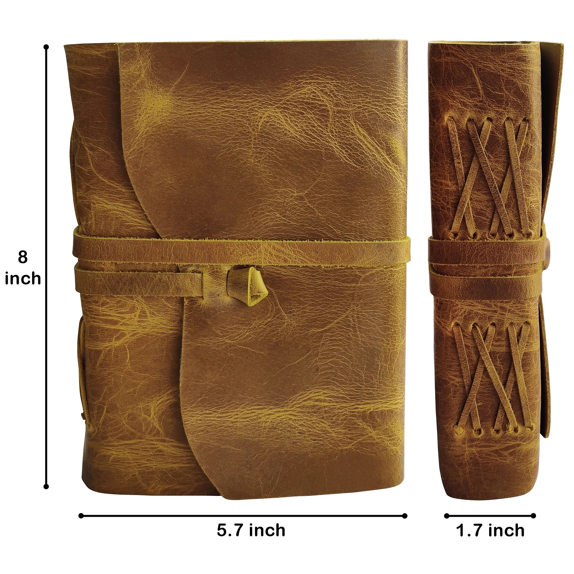 Leather Bound Journal - A5 Handmade Antique Deckle Edge Paper, Rustic Yellow