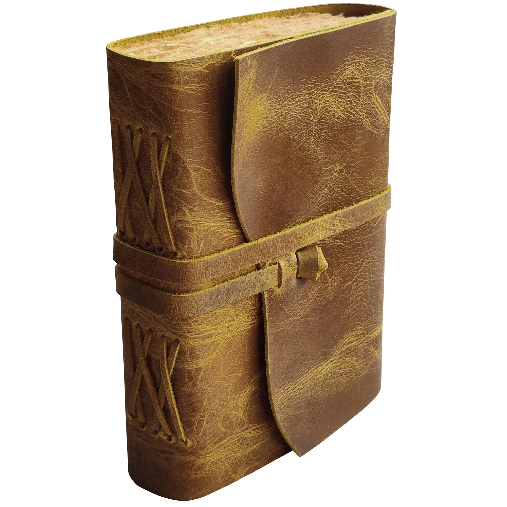 Leather Bound Journal - A5 Handmade Antique Deckle Edge Paper, Rustic Yellow