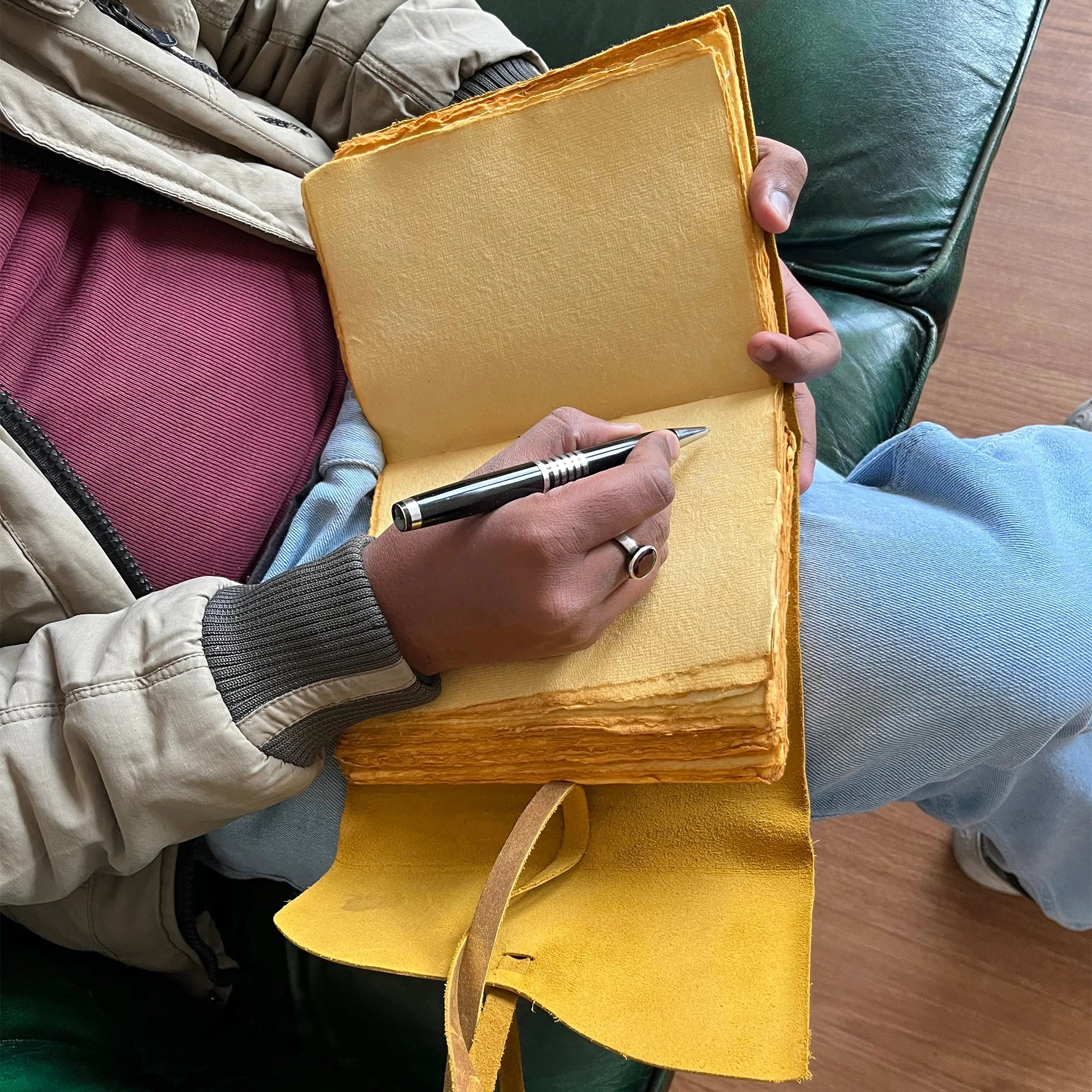Leather Bound Journal - A5 Handmade Antique Deckle Edge Paper, Rustic Yellow