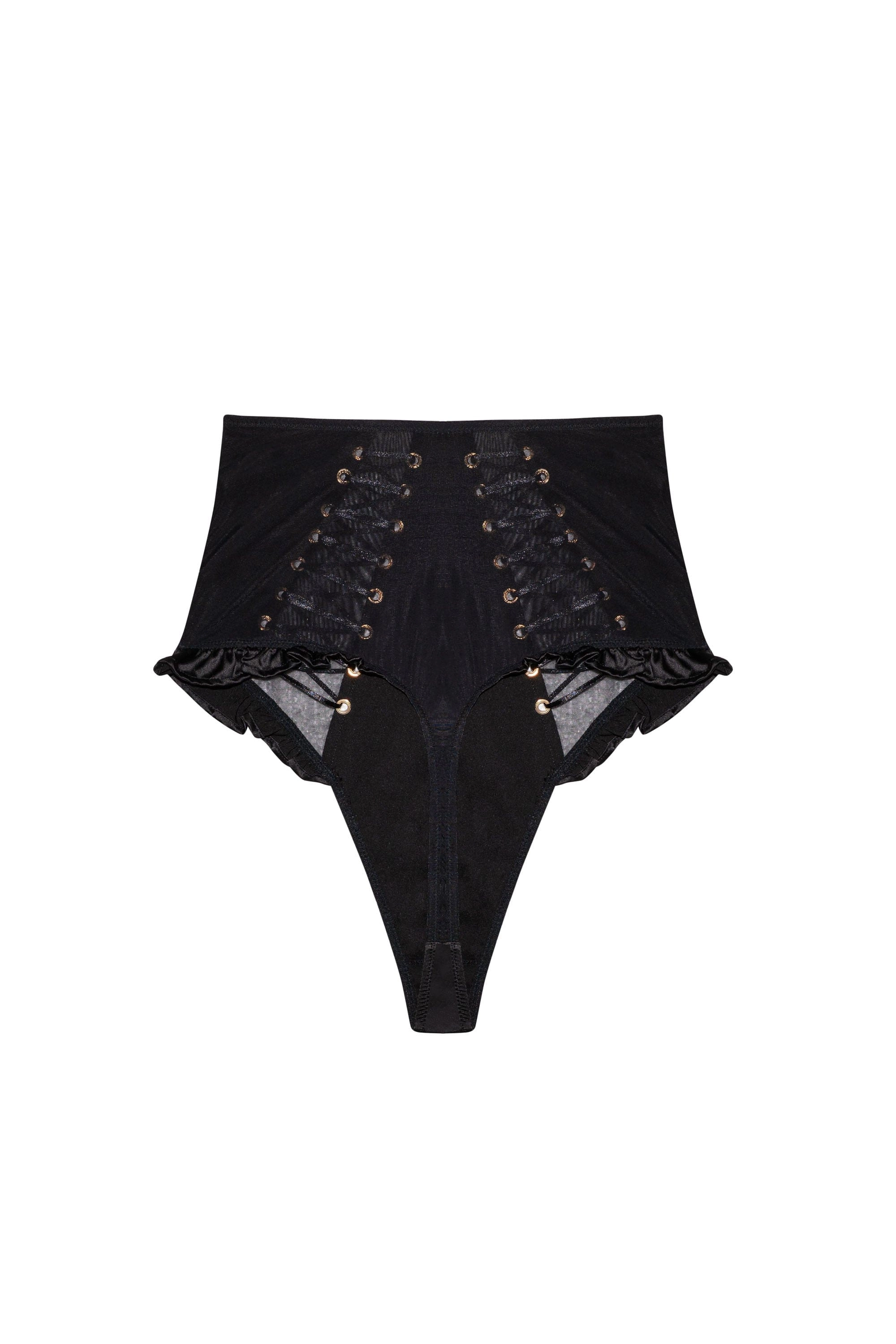 Marina Black Satin Lace-Up High Waisted Thong