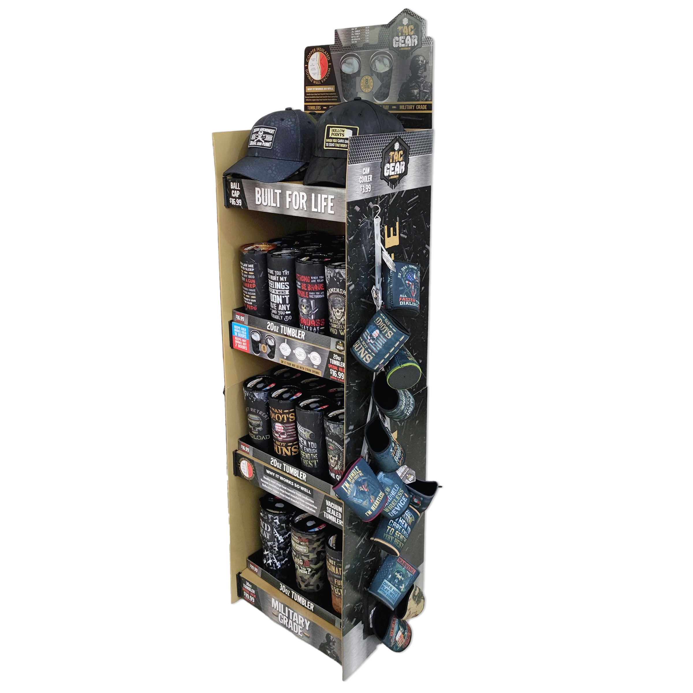 Patriotic Tac Gear Hat and Insulated Cup Assortment Floor Display - 72 Pieces Per Retail Ready Display 88448