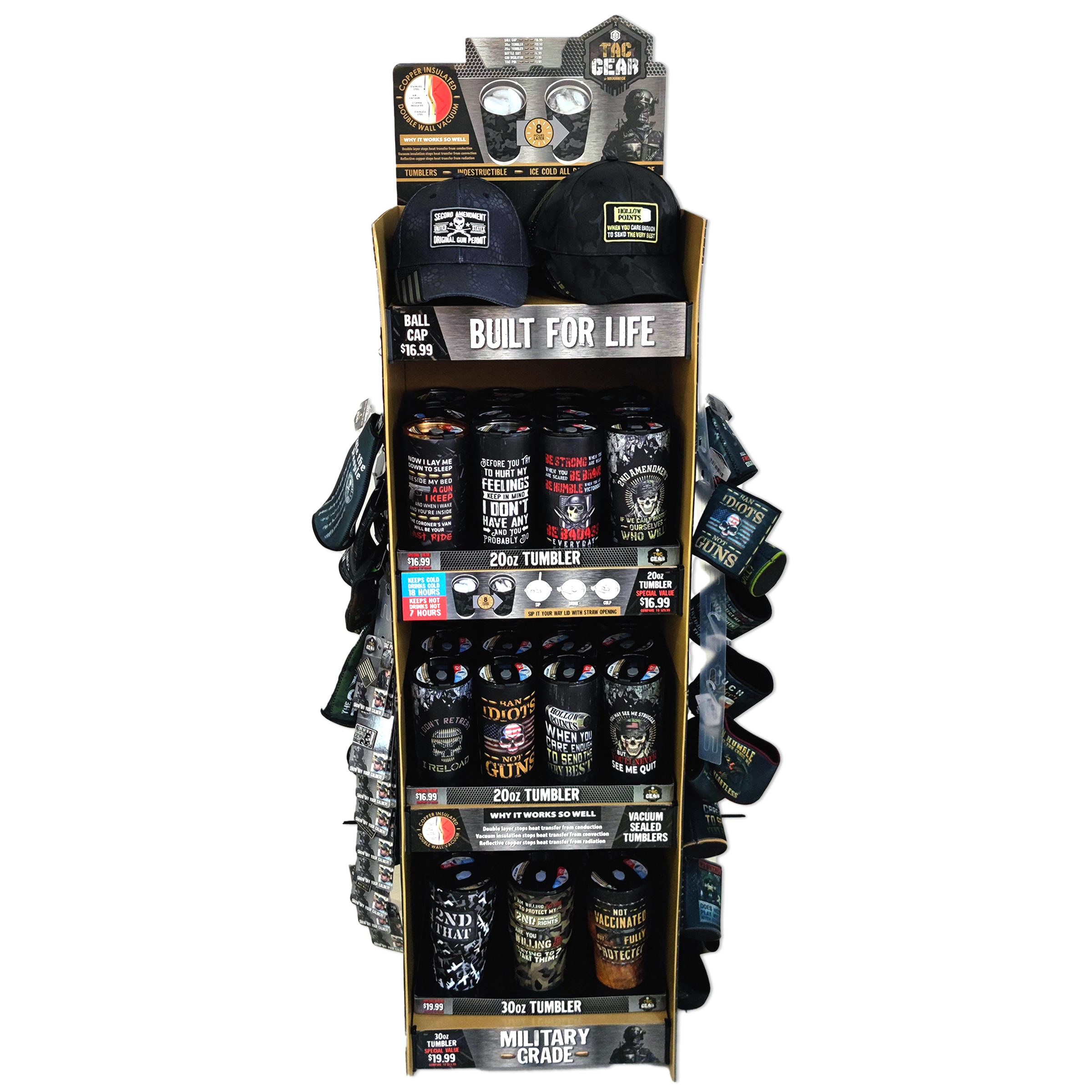 Patriotic Tac Gear Hat and Insulated Cup Assortment Floor Display - 72 Pieces Per Retail Ready Display 88448