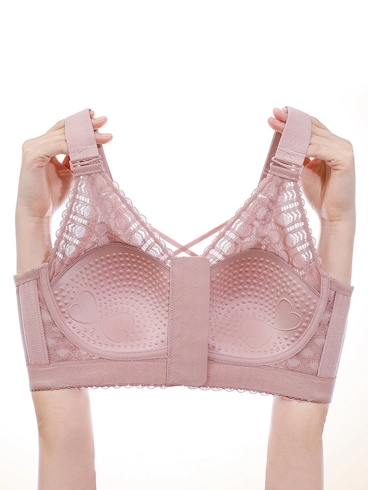 Plus Size Front Closure Minimizing Wireless Bra - Sheer Floral Lace