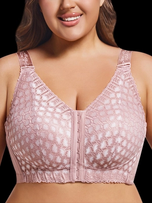 Plus Size Front Closure Minimizing Wireless Bra - Sheer Floral Lace