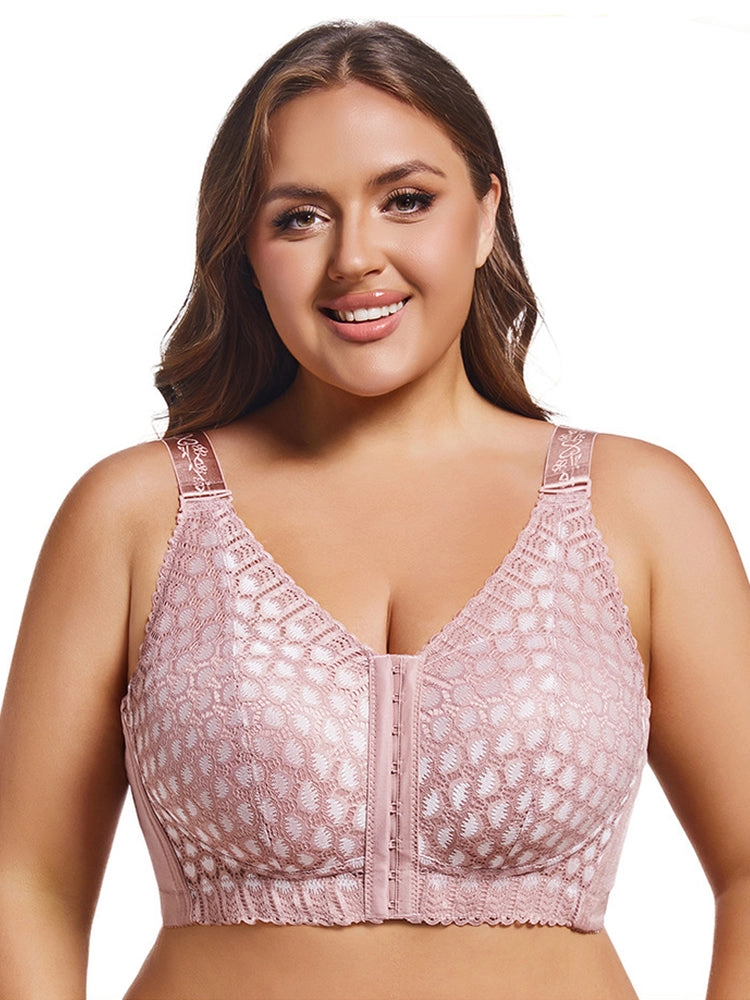 Plus Size Front Closure Minimizing Wireless Bra - Sheer Floral Lace