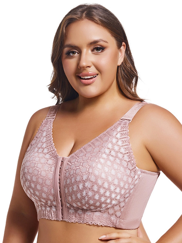 Plus Size Front Closure Minimizing Wireless Bra - Sheer Floral Lace