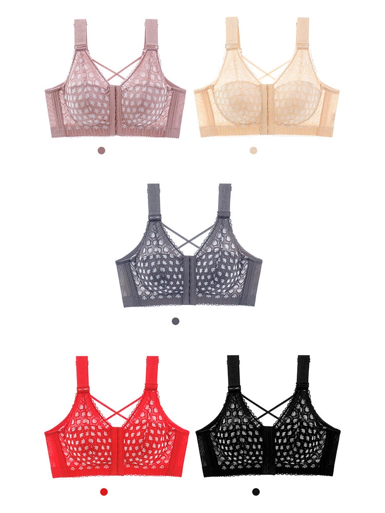 Plus Size Front Closure Minimizing Wireless Bra - Sheer Floral Lace