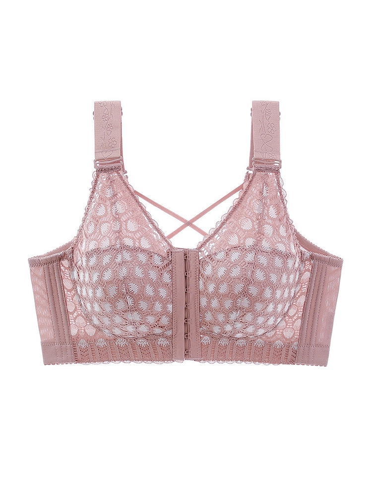 Plus Size Front Closure Minimizing Wireless Bra - Sheer Floral Lace