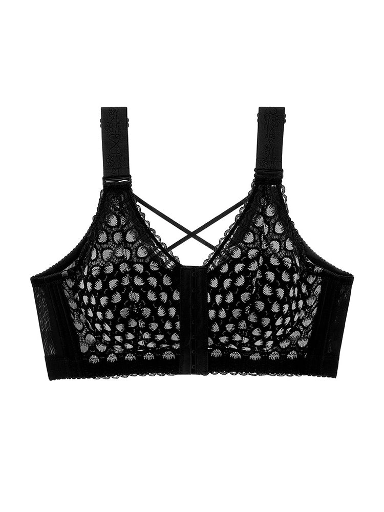Plus Size Front Closure Minimizing Wireless Bra - Sheer Floral Lace