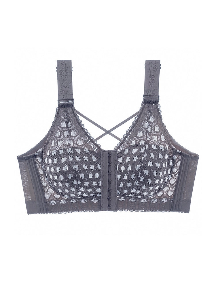 Plus Size Front Closure Minimizing Wireless Bra - Sheer Floral Lace