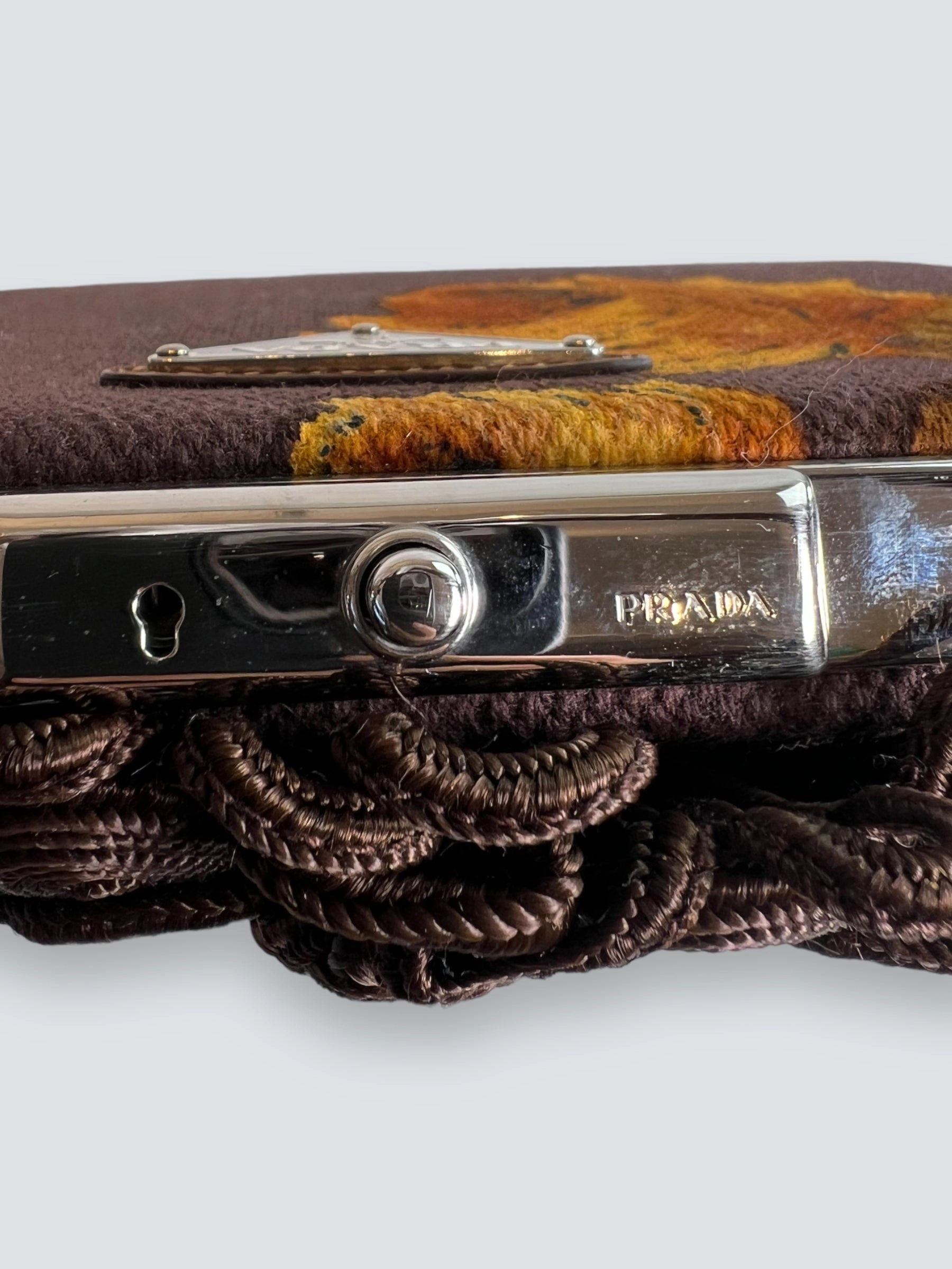 Prada Vintage Brown Embroidered Canvas Mandras Cerniera Handbag