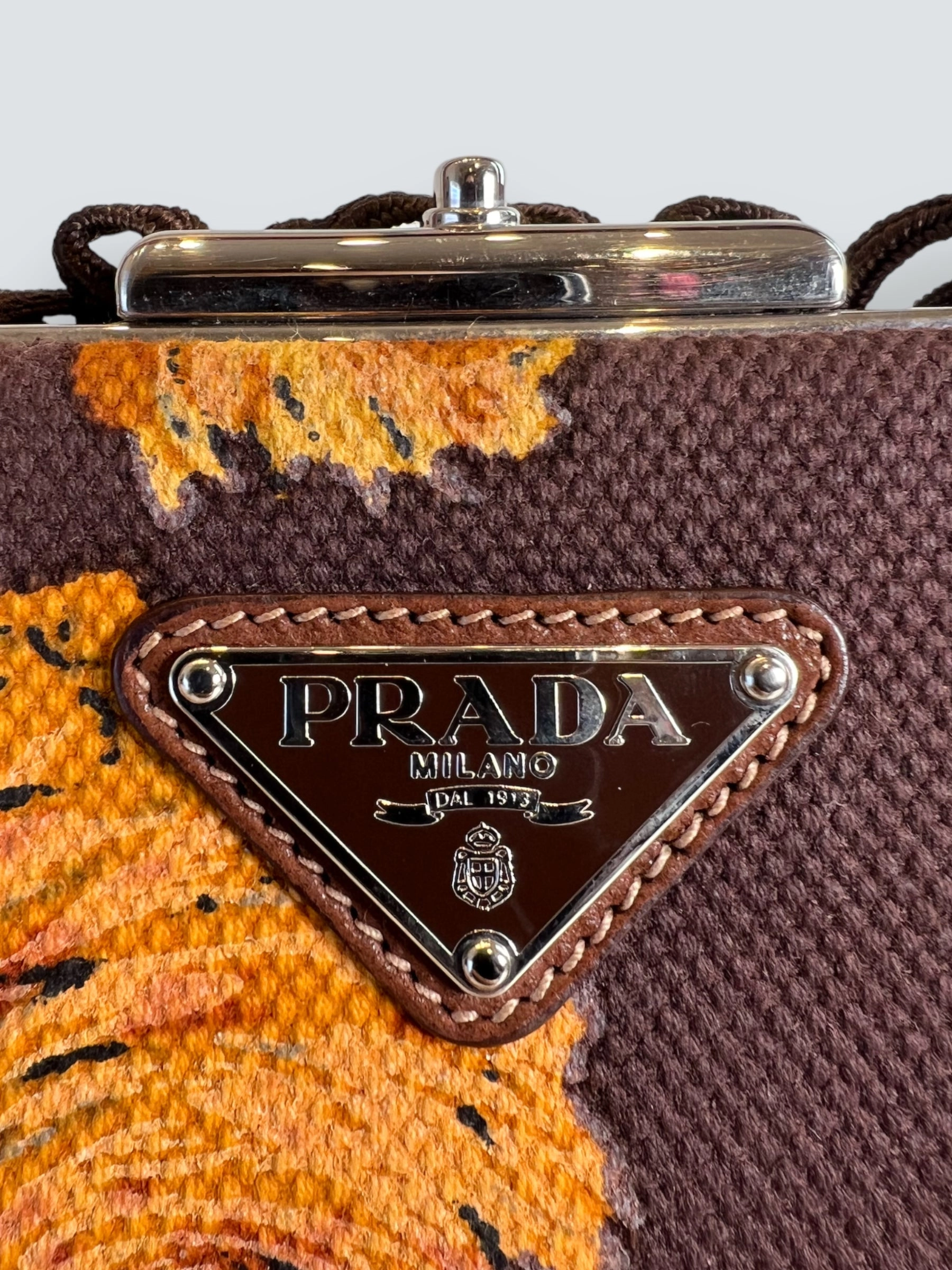 Prada Vintage Brown Embroidered Canvas Mandras Cerniera Handbag