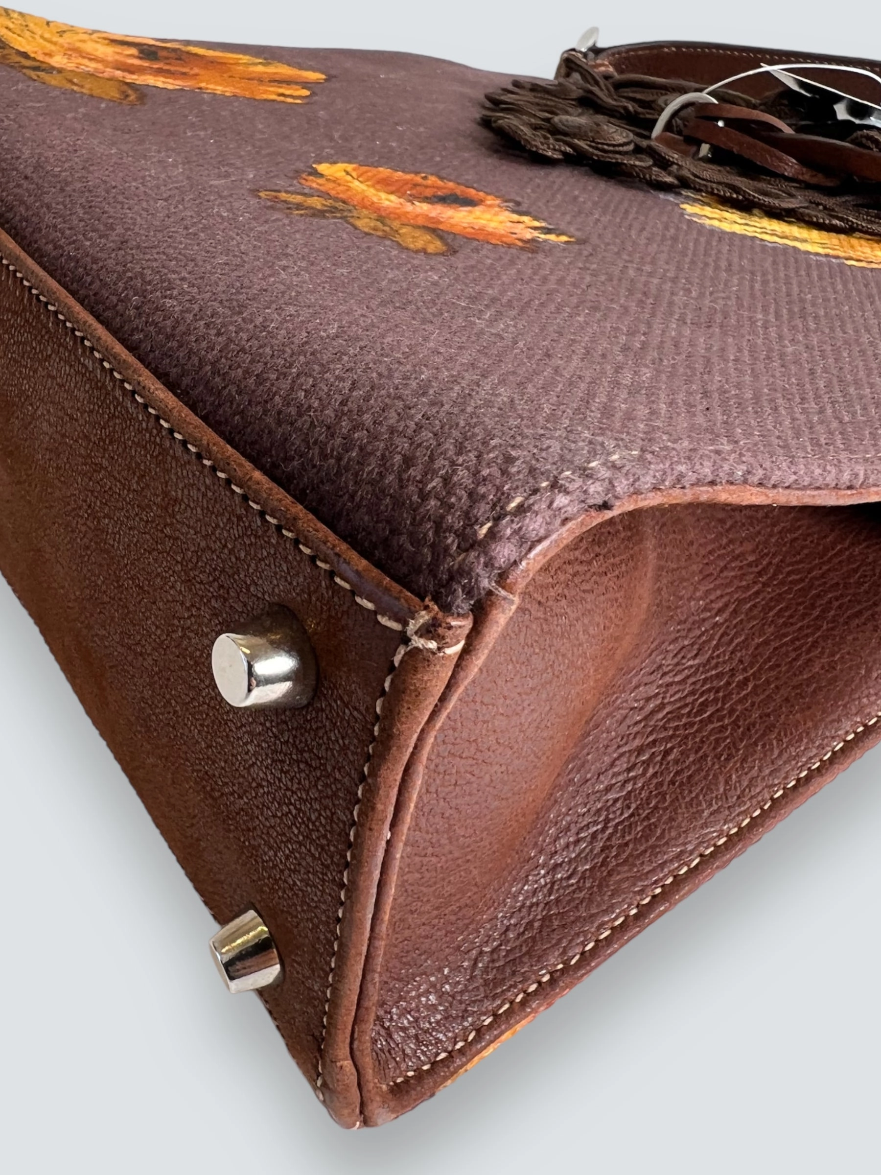 Prada Vintage Brown Embroidered Canvas Mandras Cerniera Handbag