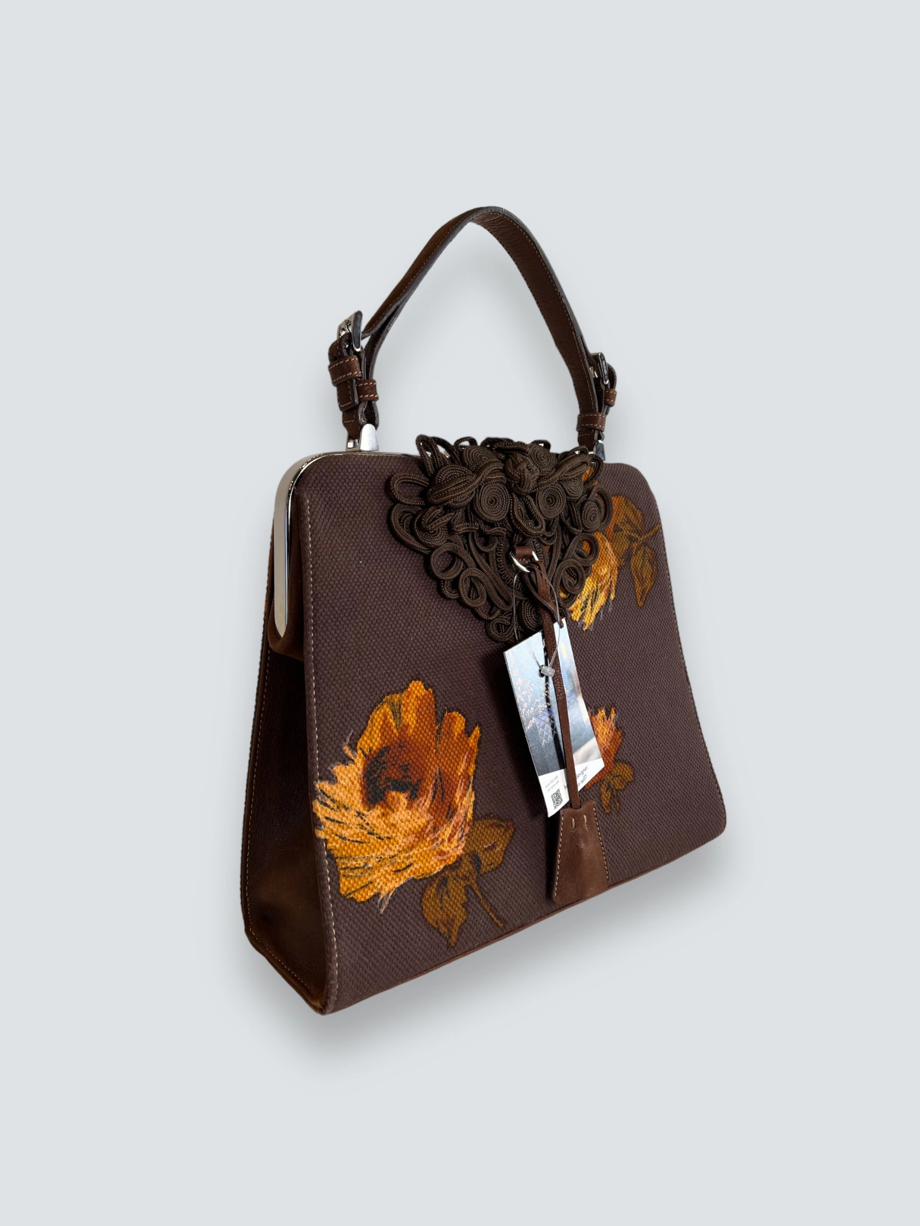 Prada Vintage Brown Embroidered Canvas Mandras Cerniera Handbag