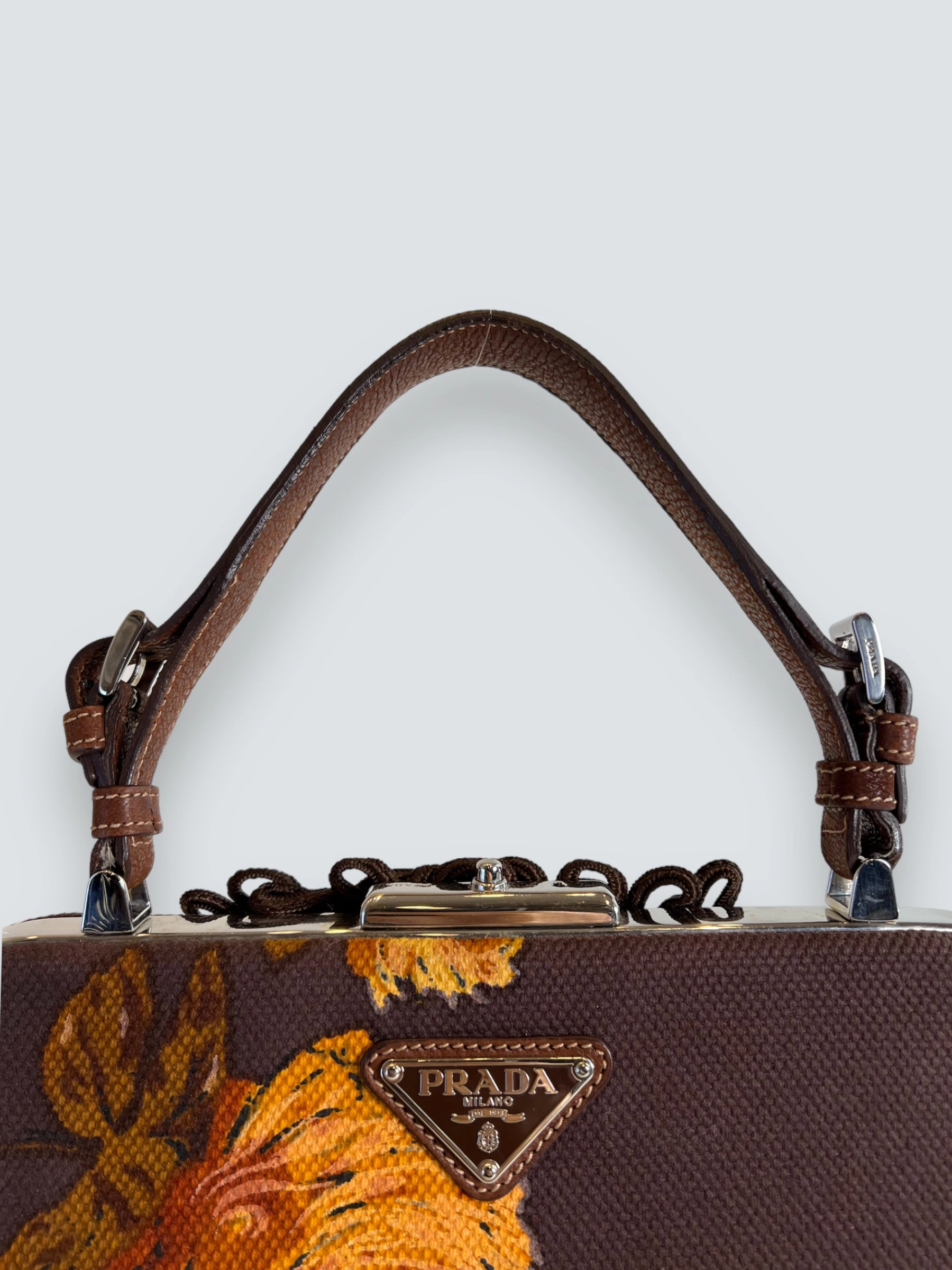 Prada Vintage Brown Embroidered Canvas Mandras Cerniera Handbag