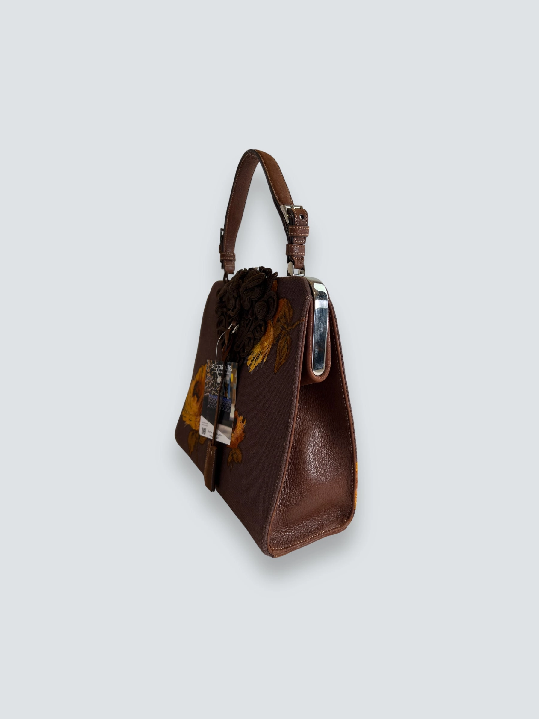 Prada Vintage Brown Embroidered Canvas Mandras Cerniera Handbag