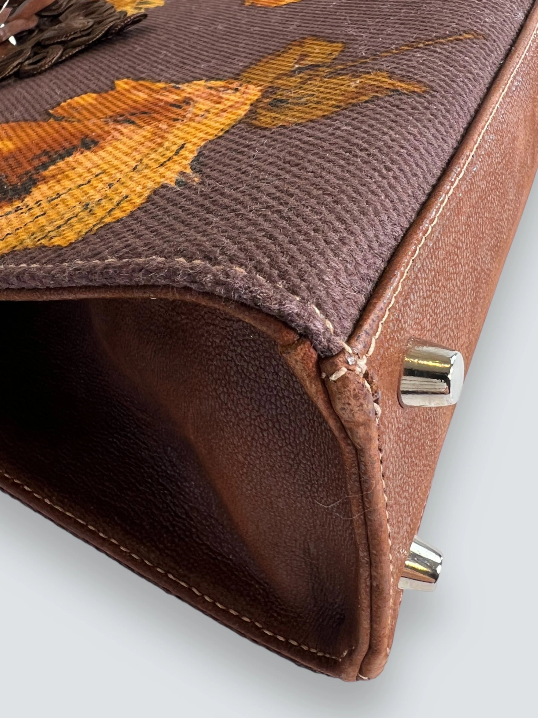 Prada Vintage Brown Embroidered Canvas Mandras Cerniera Handbag