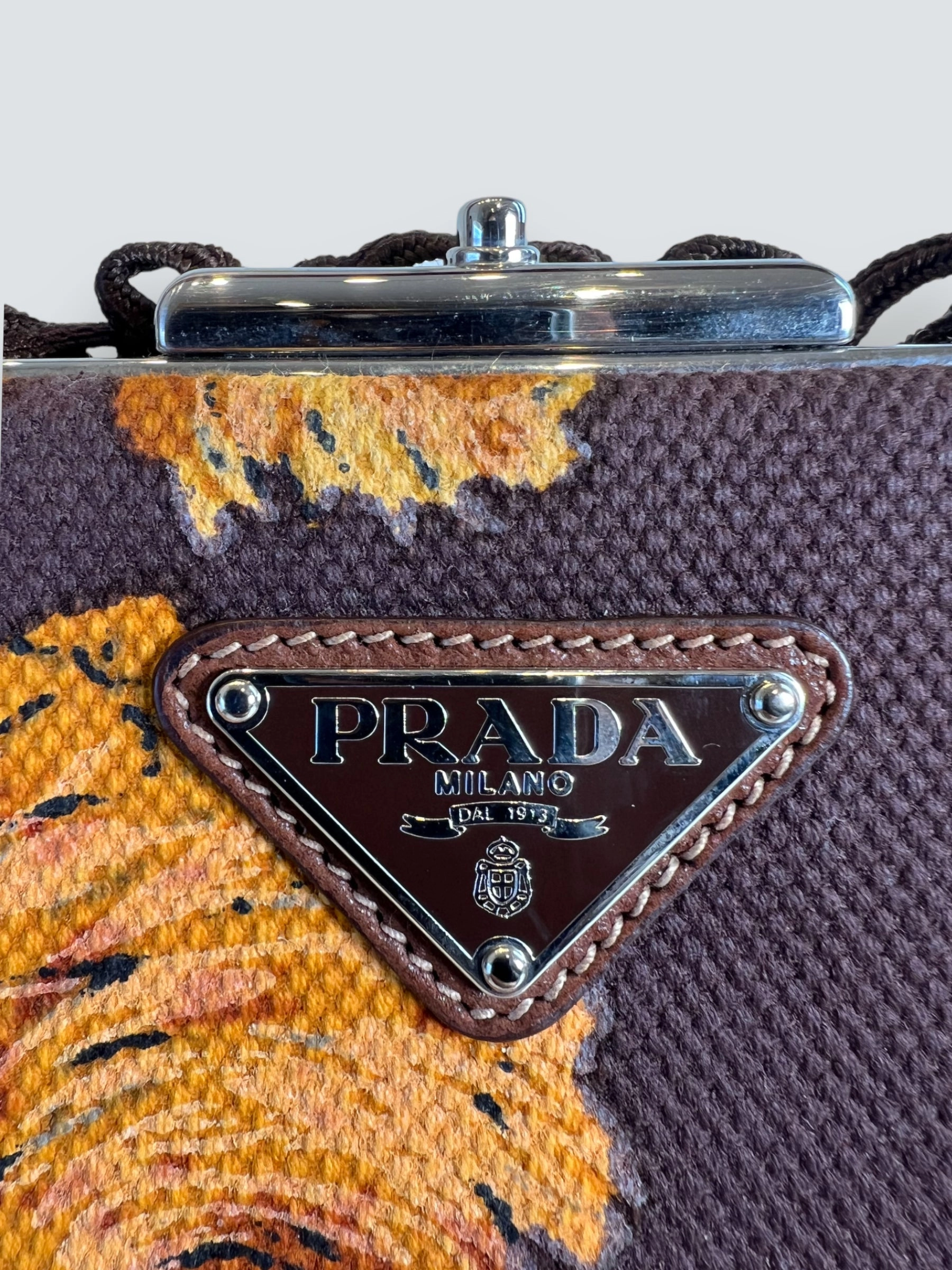 Prada Vintage Brown Embroidered Canvas Mandras Cerniera Handbag