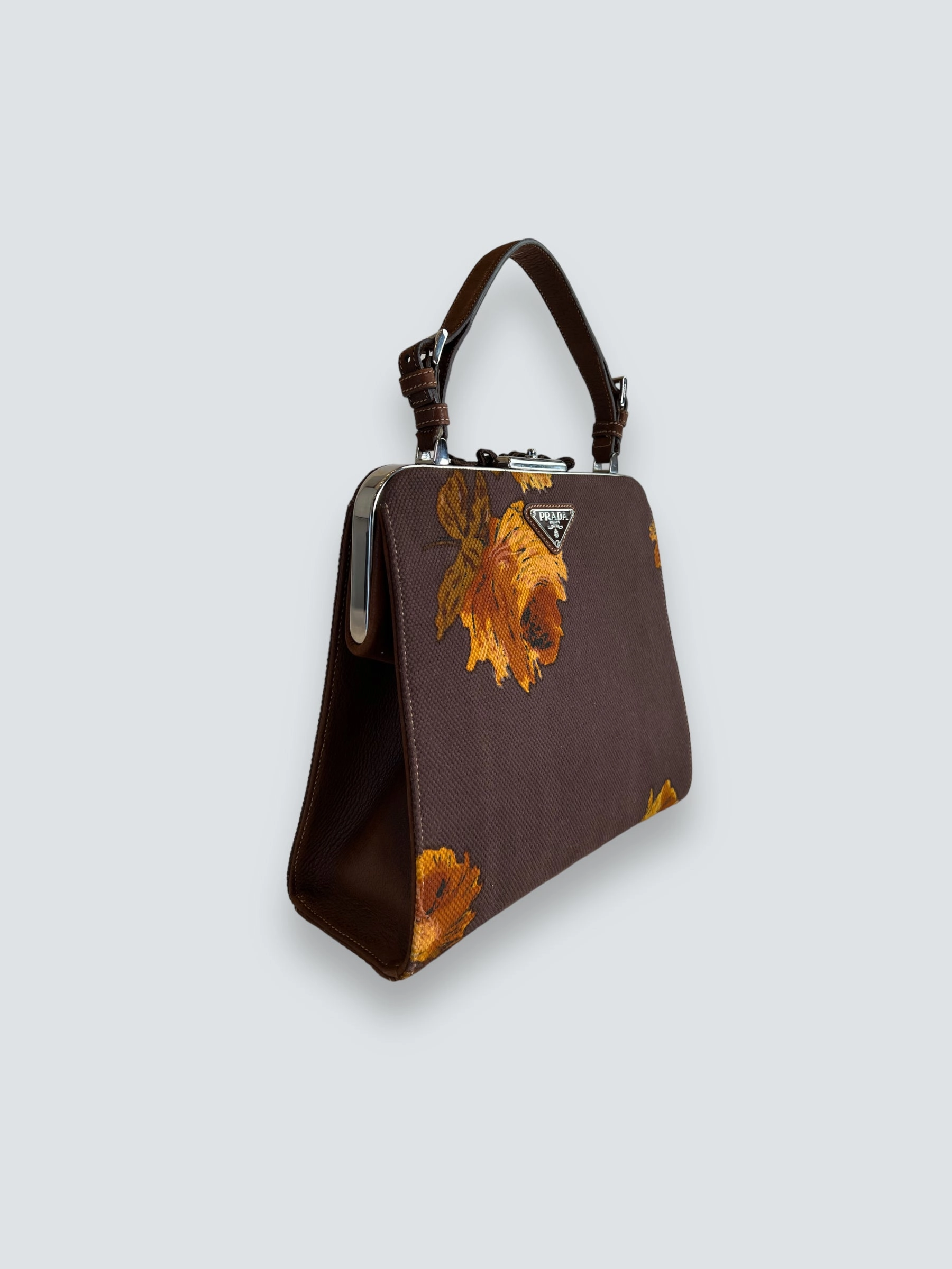 Prada Vintage Brown Embroidered Canvas Mandras Cerniera Handbag