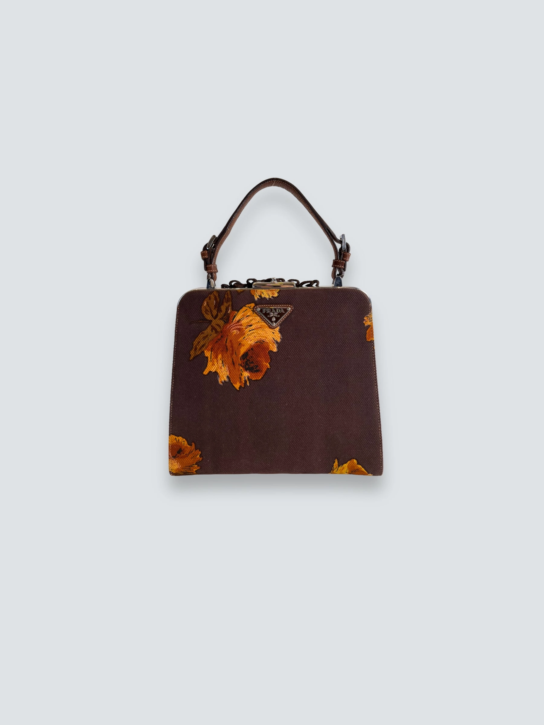 Prada Vintage Brown Embroidered Canvas Mandras Cerniera Handbag