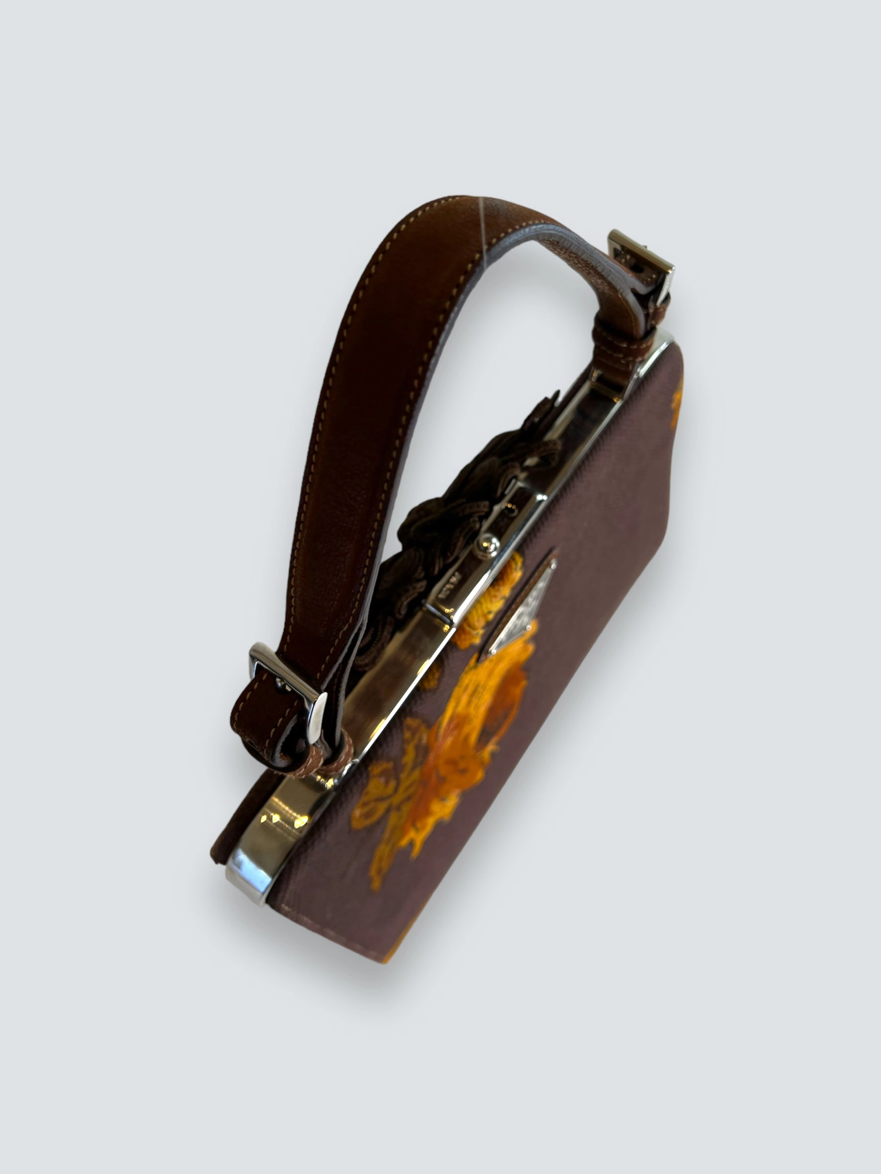 Prada Vintage Brown Embroidered Canvas Mandras Cerniera Handbag