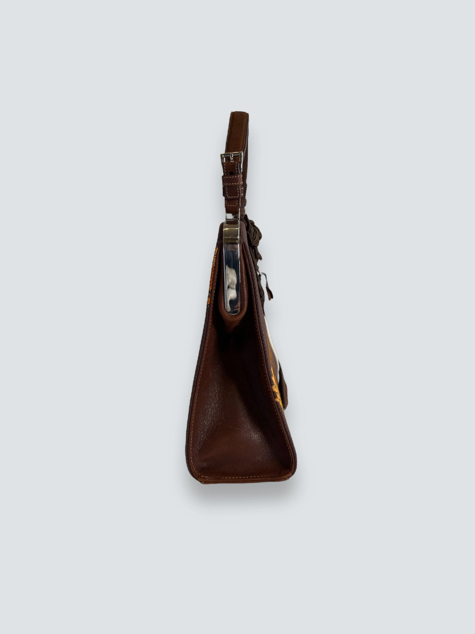 Prada Vintage Brown Embroidered Canvas Mandras Cerniera Handbag