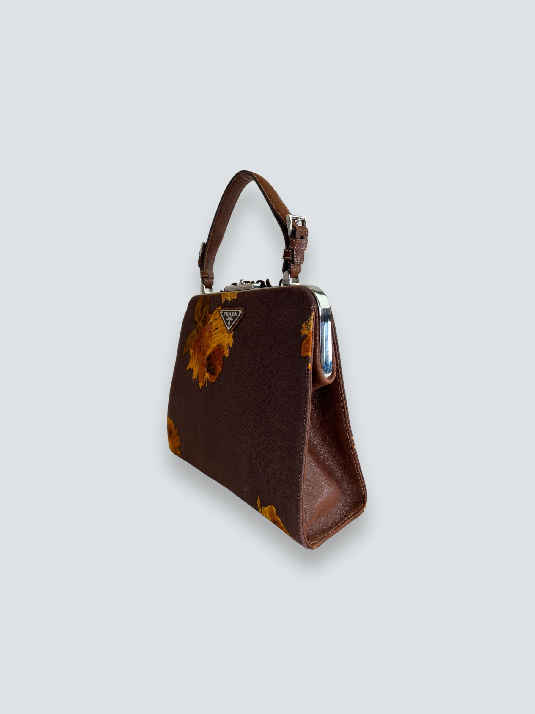 Prada Vintage Brown Embroidered Canvas Mandras Cerniera Handbag