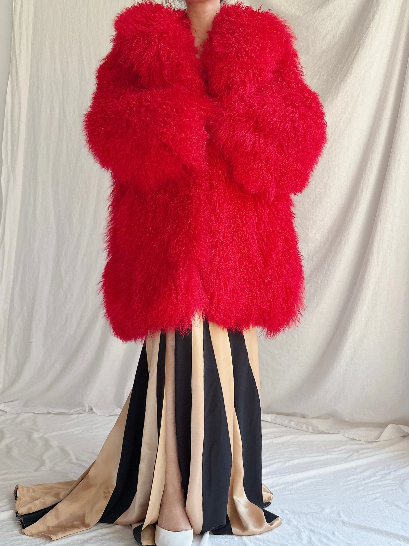 RARE Vintage Red Mongolian Sheared Fur Coat - M