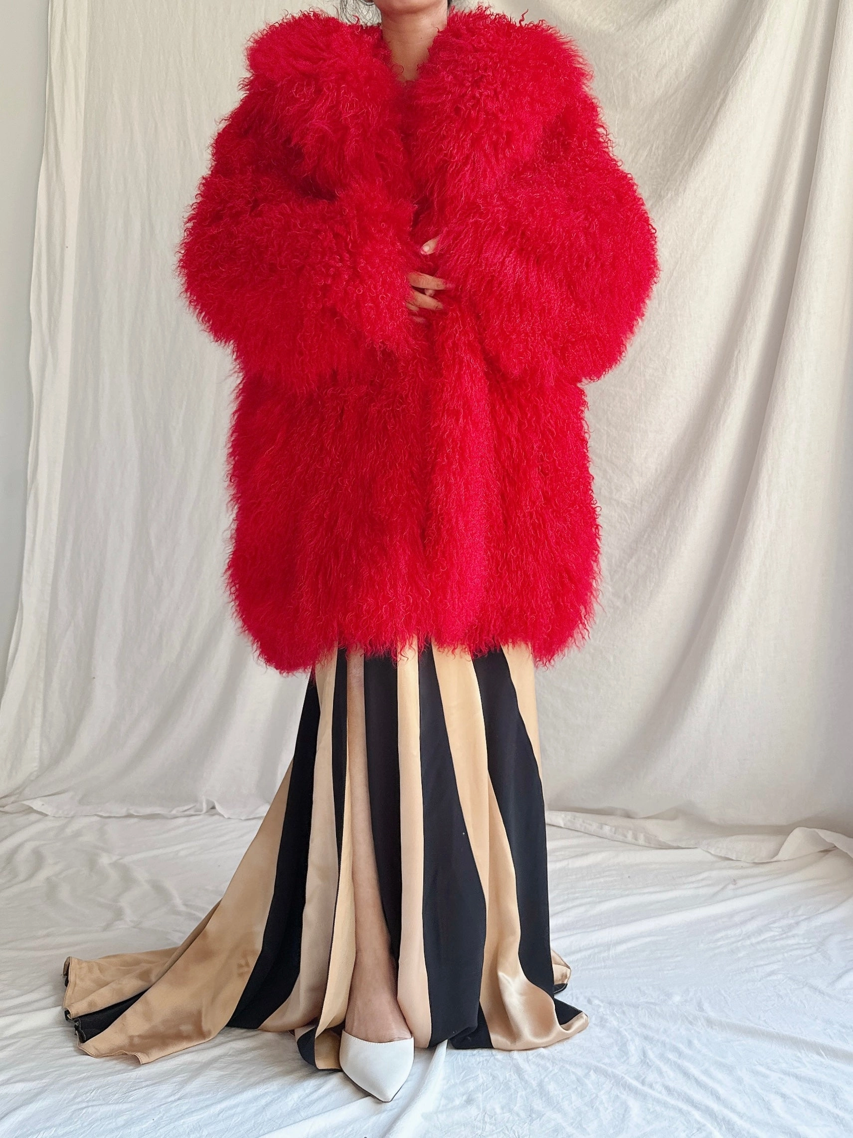 RARE Vintage Red Mongolian Sheared Fur Coat - M