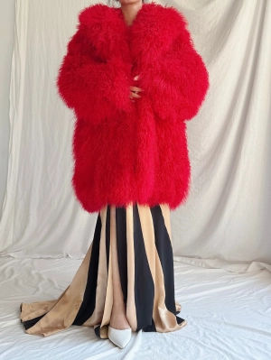 RARE Vintage Red Mongolian Sheared Fur Coat - M