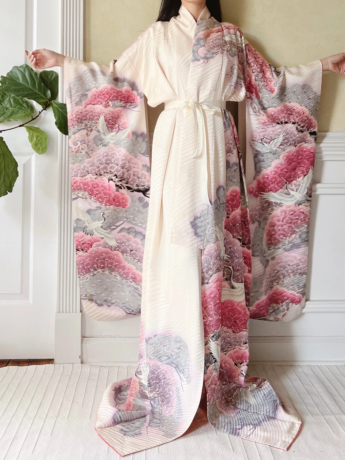 Rare Vintage Silk Pine and Cranes Kimono - OSFM