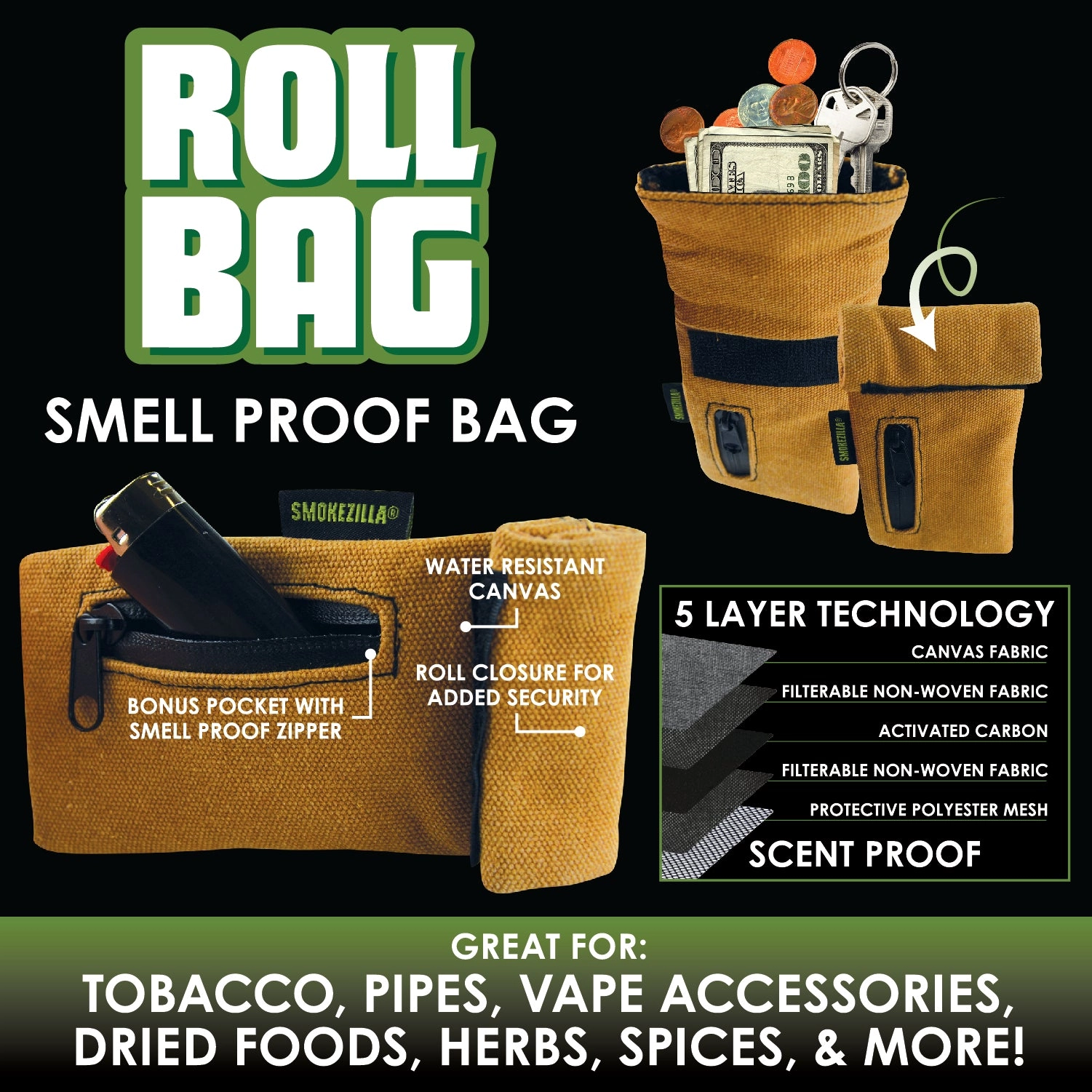 Smell Proof Canvas Roll Bag - 6 Pieces Per Retail Ready Display 22542