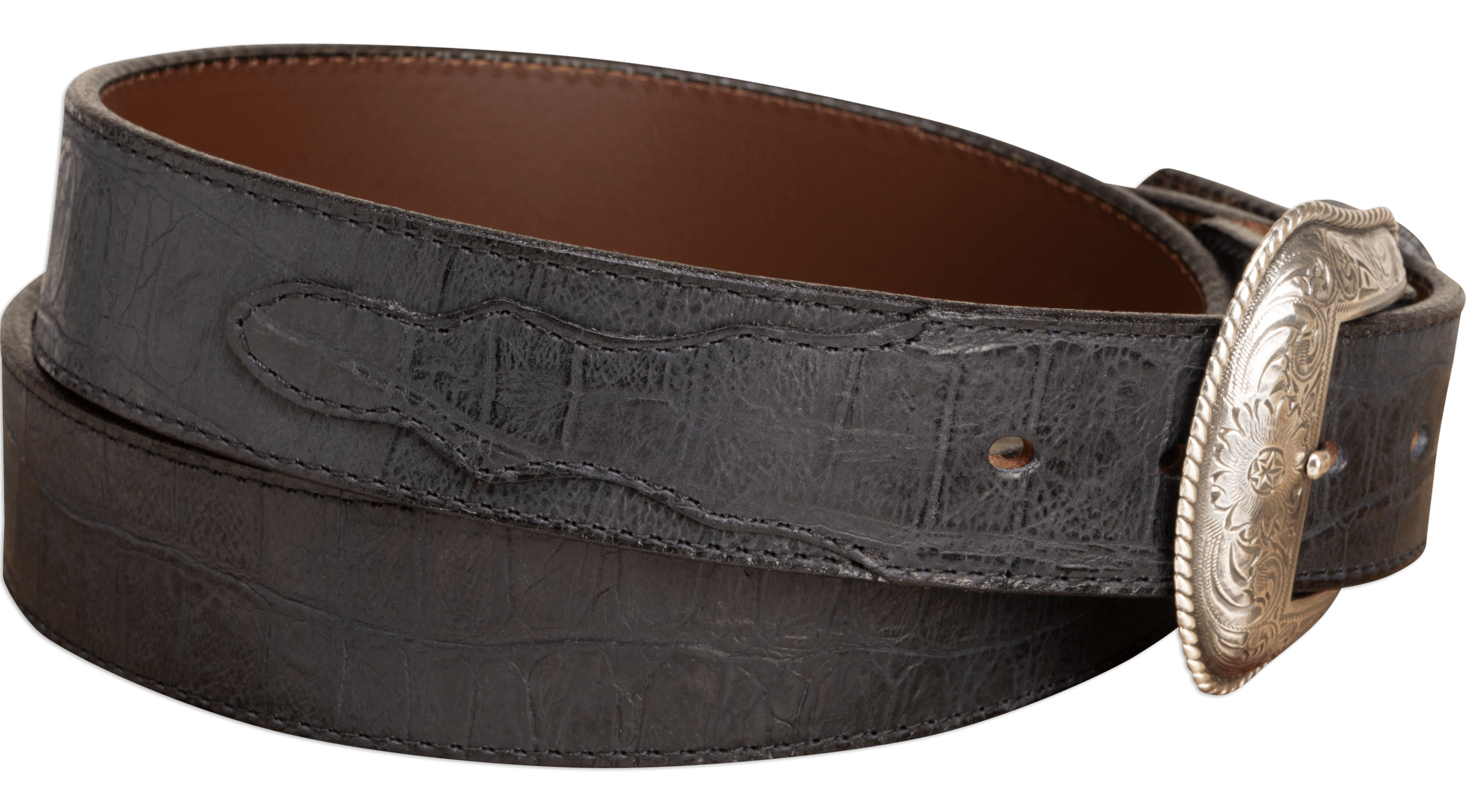 The Chomper: Men's Black Stitched Alligator Design Western Leather Belt 1.50"