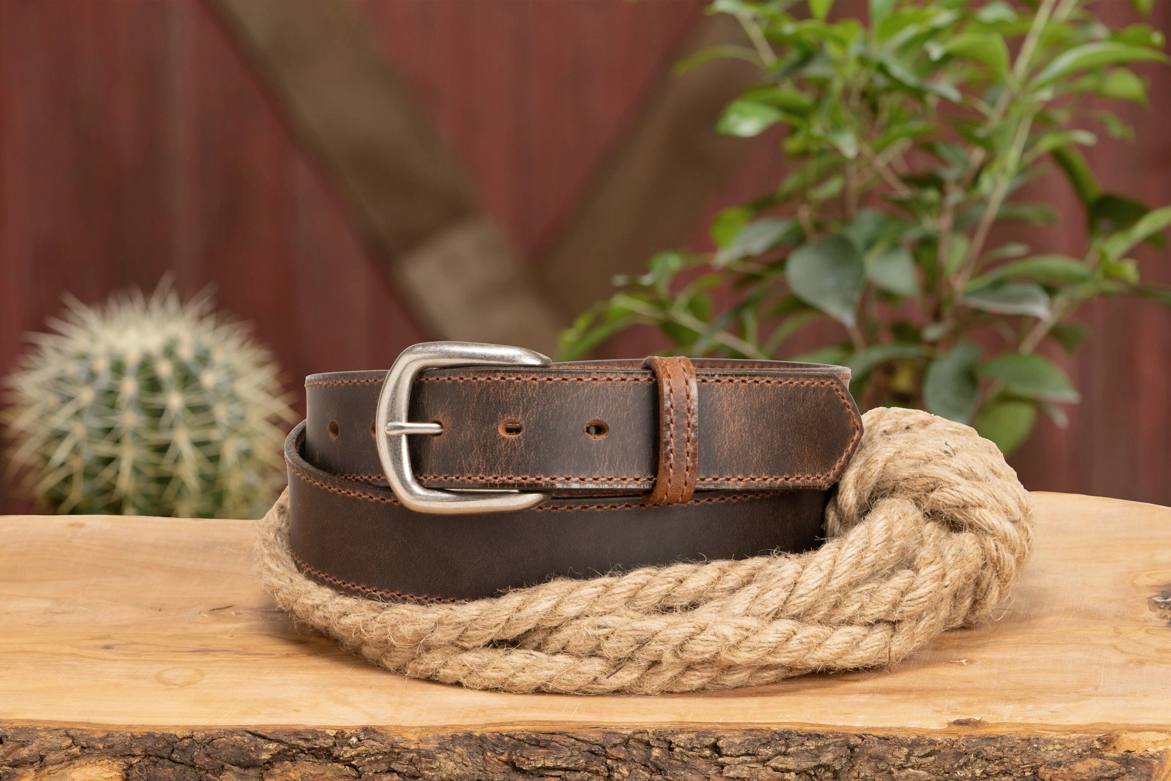 The Crazy Horse: Men's Oil Tanned Stitched Leather Belt 1.375" (Brown Colored Thread)